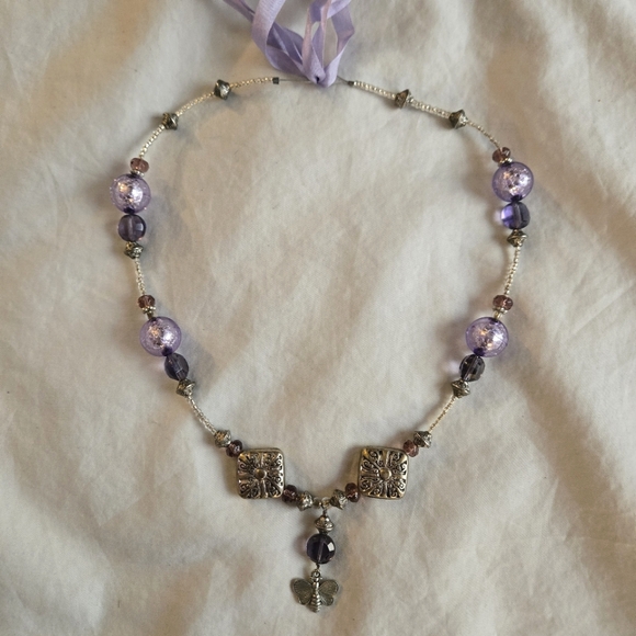 Hand Crafted Jewelry - Handmade Butterfly Charm Beaded necklace silver & lavender beads purple ribbon